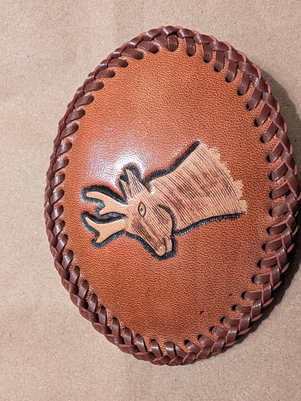 Hand-Tooled Leather Belt Buckle with Horned Animal - Brown